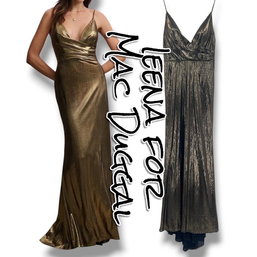 NWT Ieena Mac Duggal 26408 Bronze Metallic Faux Wrap Maxi Gown Dress Size 6